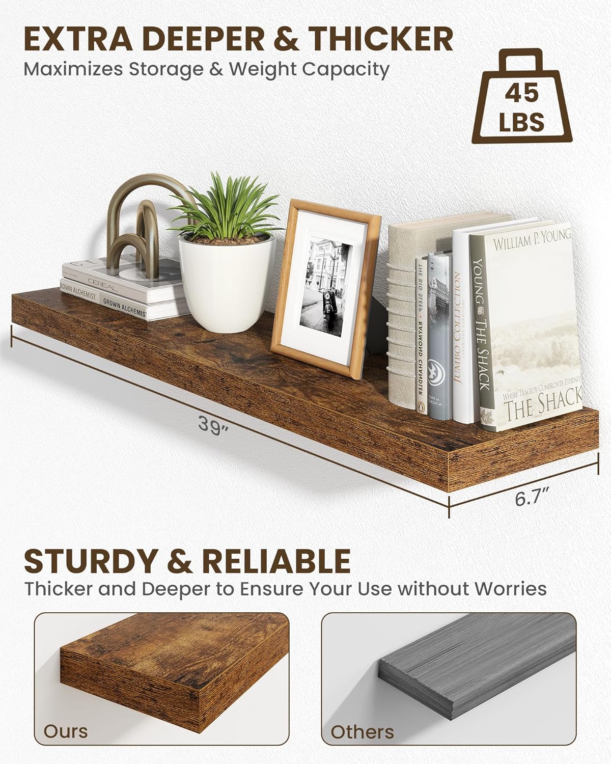 Marsmiles 39" Floating Shelves for Wall, Wooden Shelves with Invisible Brackets Set of 2, Rustic Farmhouse Wall Mounted Shelf for Kitchen Bathroom Living Room Study, Rustic Brown