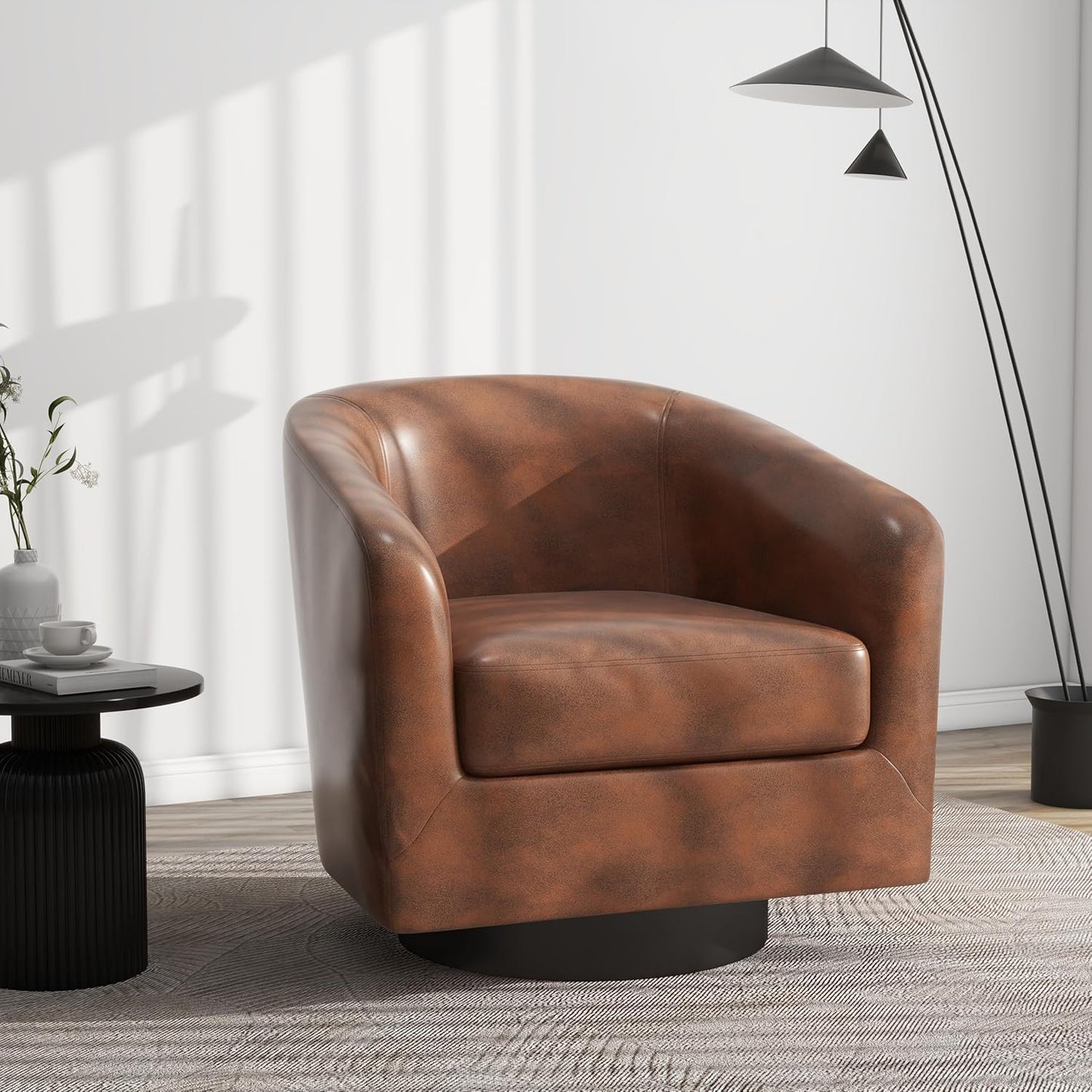 Swivel Barrel Accent Chair, Modern Round Faux Leather Arm Chair for Living Room, Bedroom, Comfy Club Reading Chairs for Adults(Faux Leather, Coffee, Set of 4)