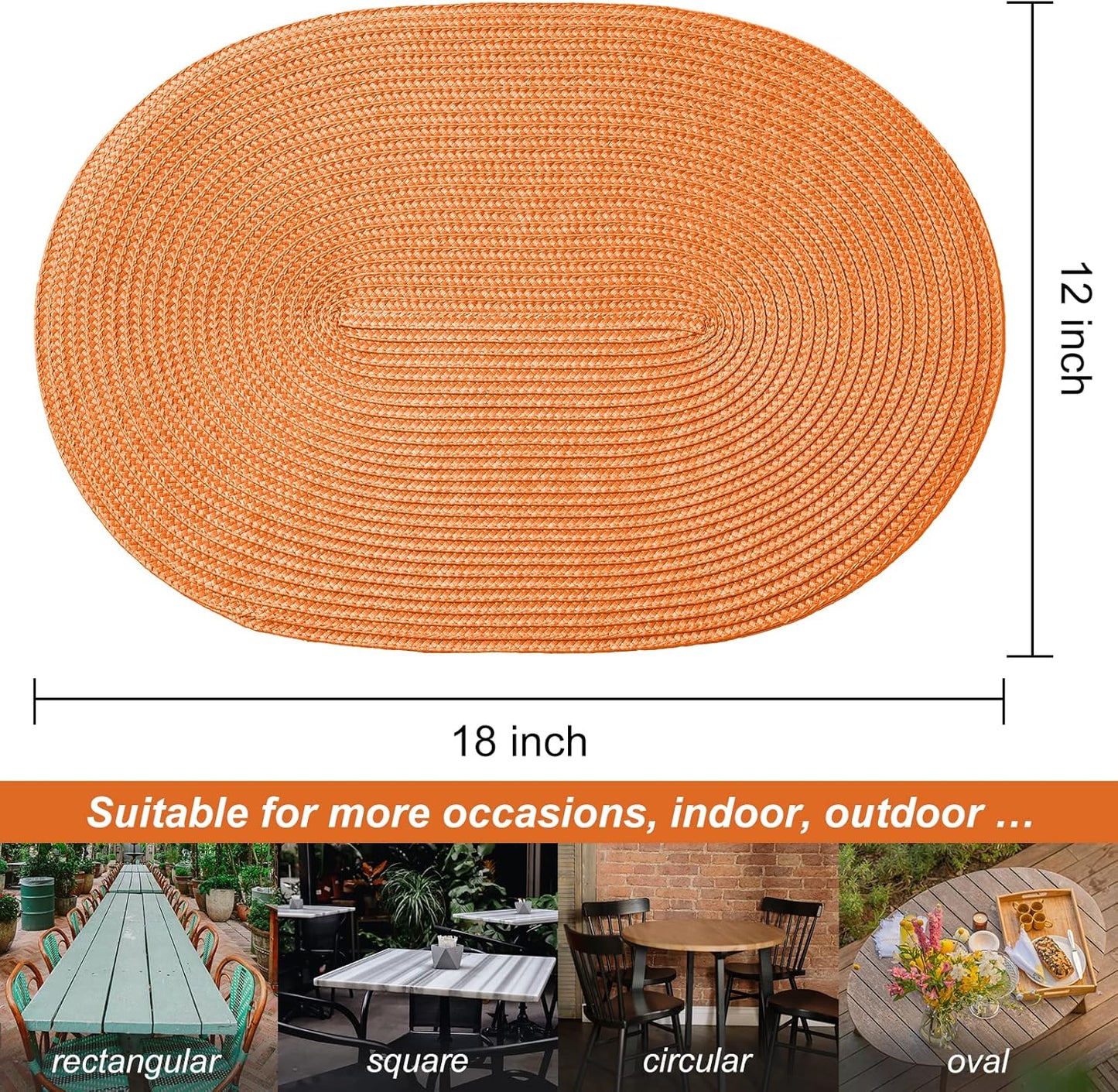 AHHFSMEI Placemats Set of 4 for Dining Table Washable Woven Vinyl Non-Slip 18x12 inches Placemat Heat-Resistant Durable Table Mats for Dining Table Easy to Clean (Oval Orange, 4)