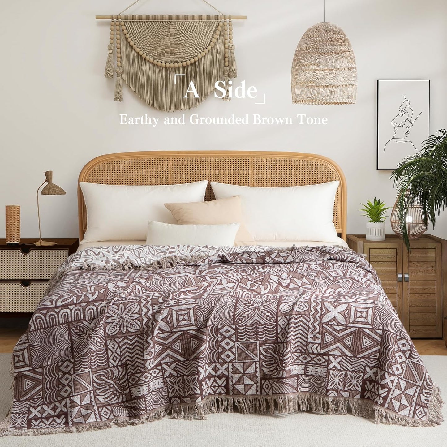 Boho Throw Blanket Twin Size, Soft Cozy Cotton Muslin Quilt Blanket for Bed Decor, Patchwork Block Couch Sofa Chair Cover, Vintage Farmhouse Cottage Tapestry Woven Blanket, Brown&White