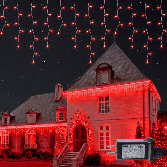 Hopolon 33FT 360L LED Icicle String Lights - Outdoor, Waterproof, 8 Modes, With 60 Drops - Curtain Lights for Indoor/Outdoor Decorations (Red)