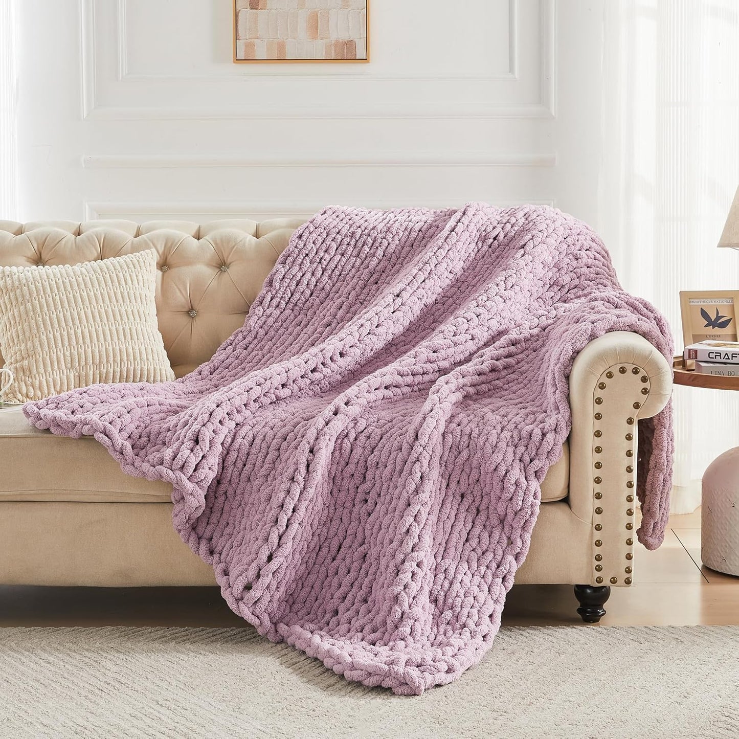 Carriediosa Chunky Knit Throw Blanket 50" X 60", 100% Hand Made Large Chenille Loop Yarn Soft Fluffy Throws for Couch Sofa Bed, Big Crochet Cozy Heavy Thick Cable Woven Blankets, Purple