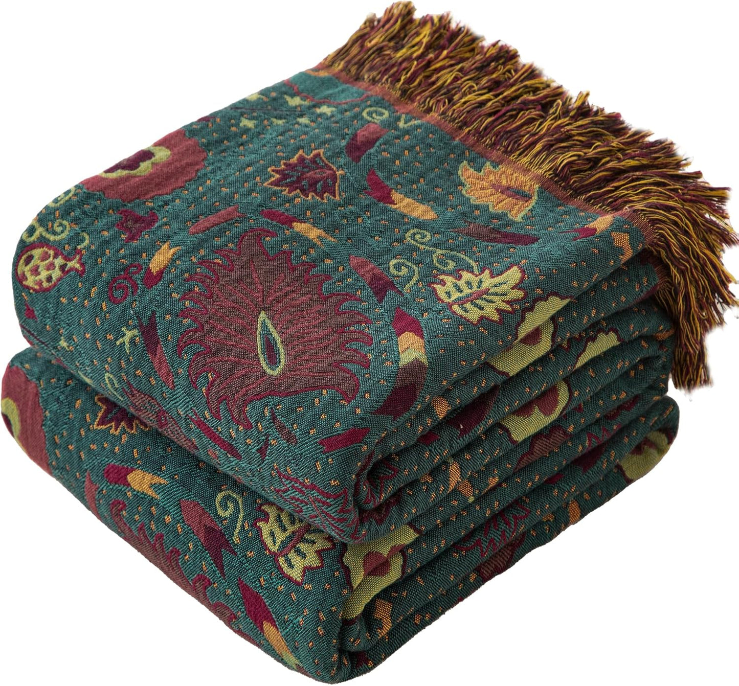 Boho Throw Blanket Full Size, Extra Large Soft Cozy Cotton Muslin Quilt Blanket for Bed Decor, Floral Patterned Couch Sofa Chair Cover, Vintage Farmhouse Cottage Woven Blanket, Green&Orange
