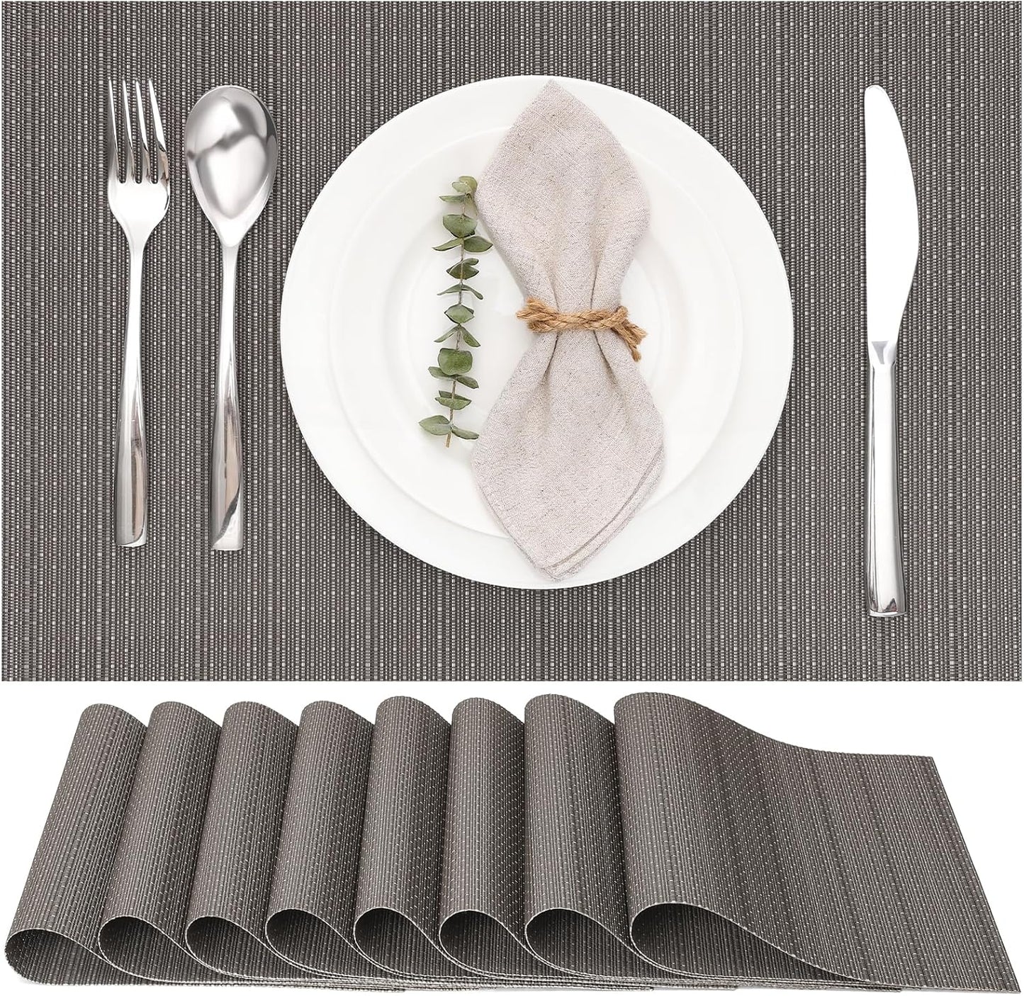 Myir JUN Placemats Set of 8, Vinyl Woven Placemats Place Mats Indoor Set of 8 Washable Table Mats Non-Slip Place mats for Dining Table (Dark Gray, Set of 8)