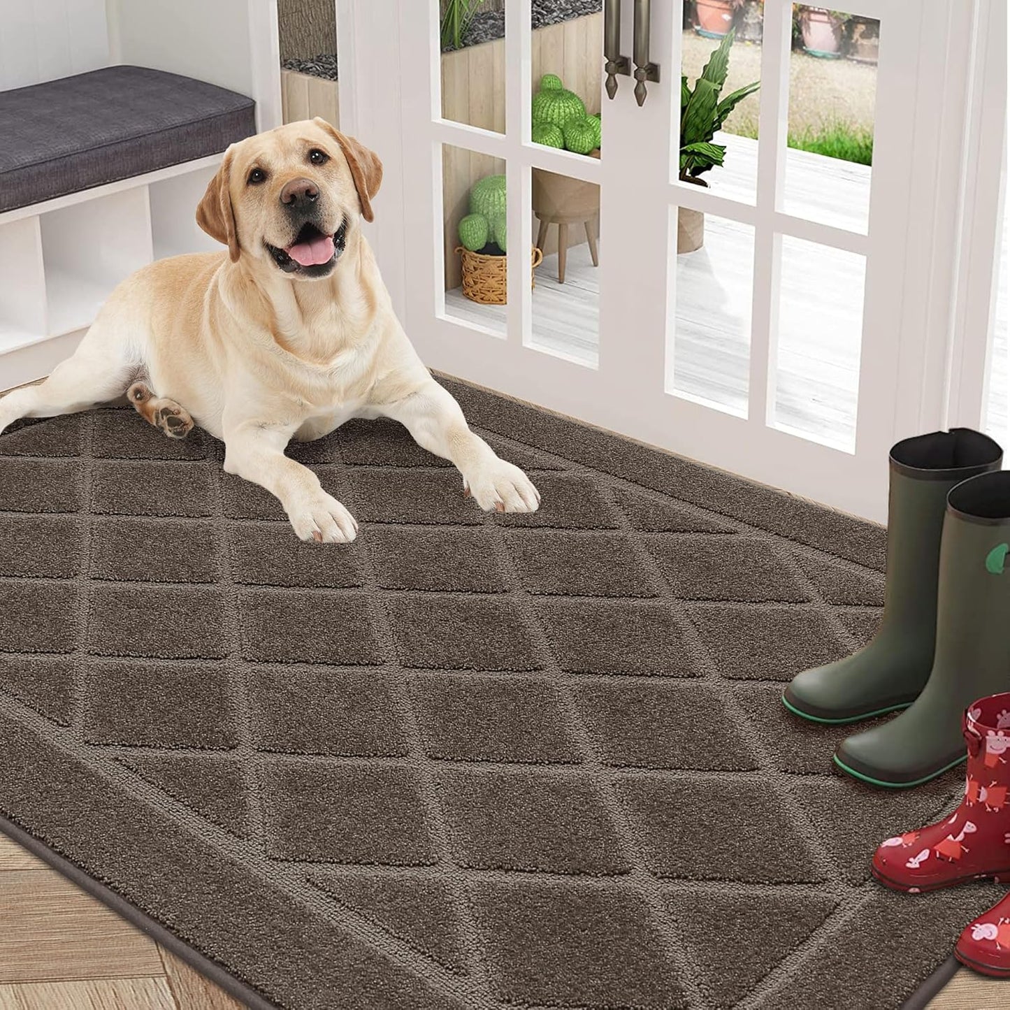 BEQHAUSE Dirt Trapper Door Mat 36" x 60", Doormat Non-Slip Entryway Rugs Washable, Dog Door Mat Stain Resistant and Absorbent Welcome Floor Mat for Front Back Door, Muddy Wet Shoes & Paws, Light Brown