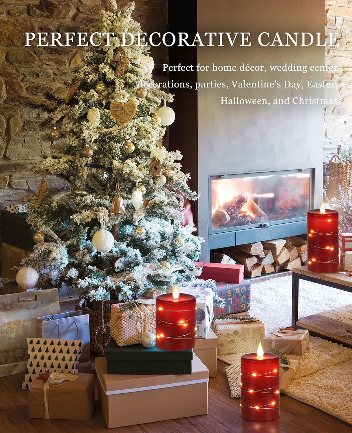 Red flameless Candles with Remote Control Timer Battery Operated LED Pillar Candles 4‘’ 5‘’ 6‘’ Fake Candles with String Lights Set of 3 for Christmas or Special Festivals Decorations