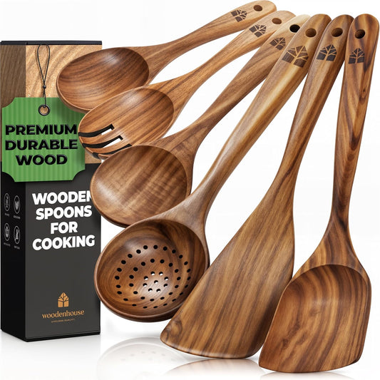 Wooden Spoons for Cooking – Wooden Kitchen Utensils Set, 6 Pcs Teak Wood Utensil Set – Comfortable Grip Non–Stick Wooden Cooking Utensils