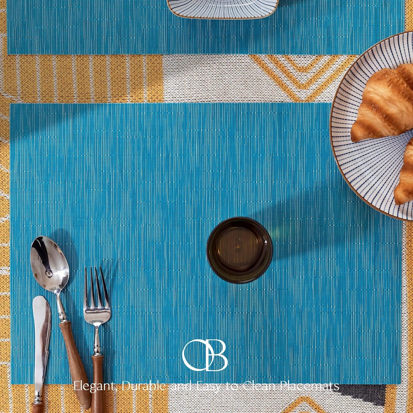 Placemats Set of 12 - Easy Clean Woven Vinyl Placemats for Dining Table, Indoor/Outdoor Place Mats, Washable PVC Table Mats（Teal Blue）