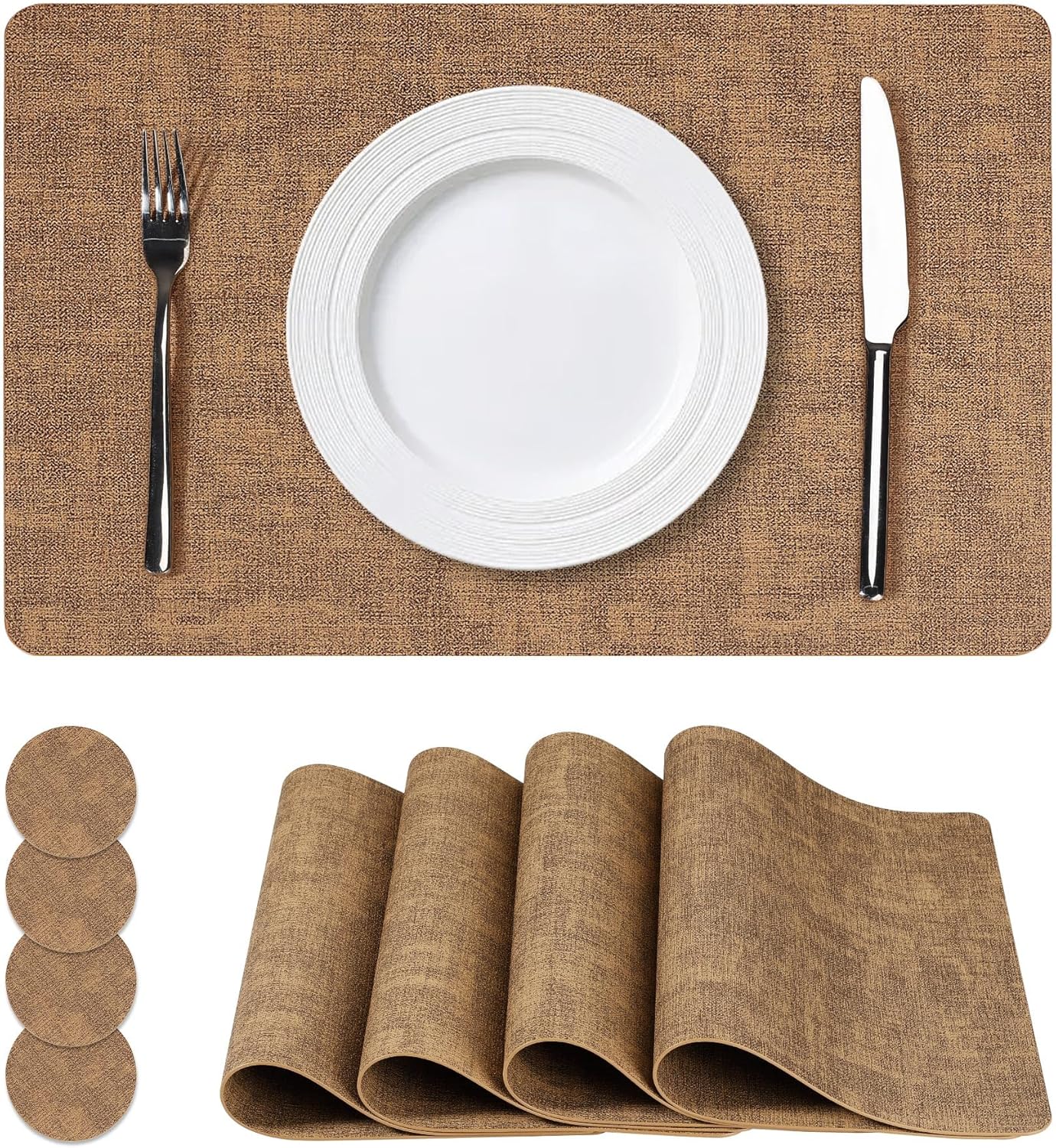 Vinyl Placemats Set of 4, Faux Leather Waterproof and Heat Resistant Place Mats, Washable Anti-Slip Table Mats with Coaster, Wipeable Placemats for Indoor & Outdoor 17" x 12" (Light Brown, Set of 4)