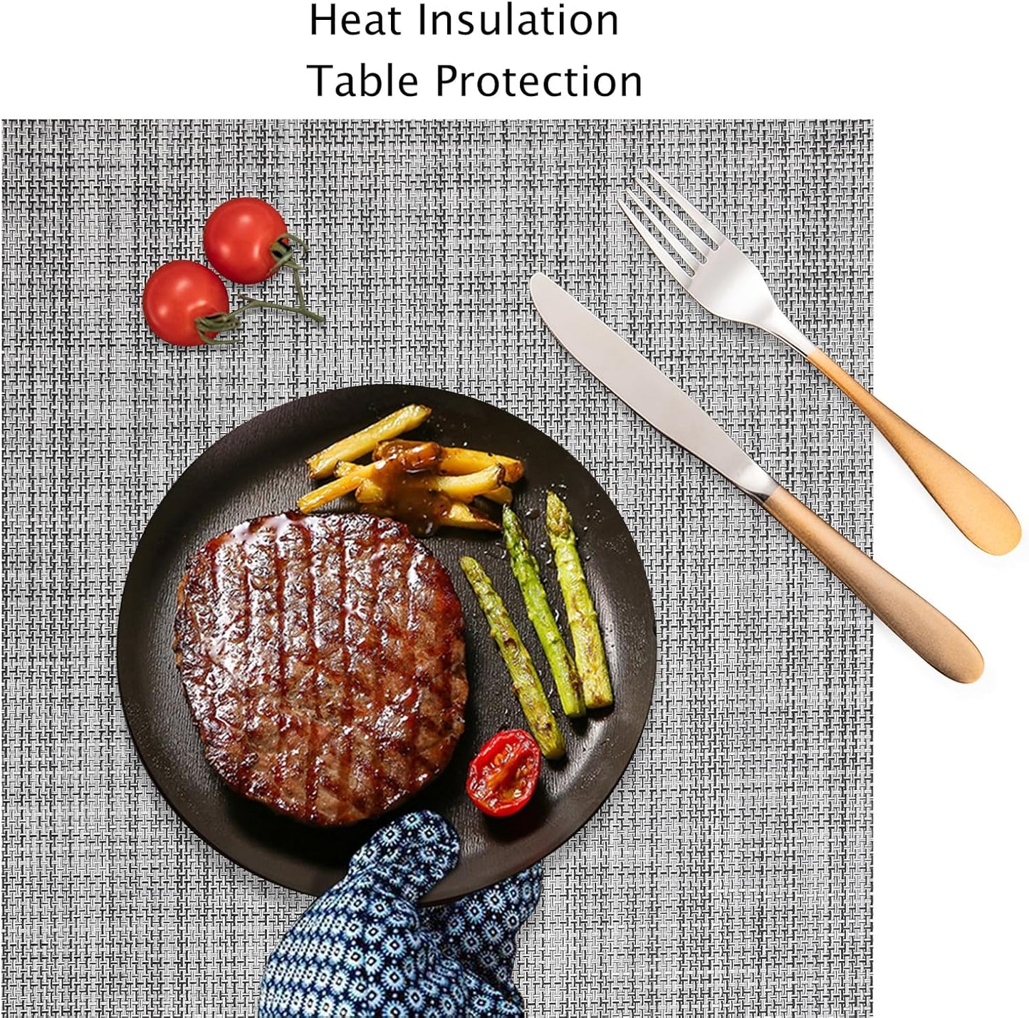 Myir JUN Placemats Set of 6, Vinyl Woven Placemats Place Mats Indoor Washable Table Mats Non-Slip Place mats for Dining Table (Light Gray, Set of 6)