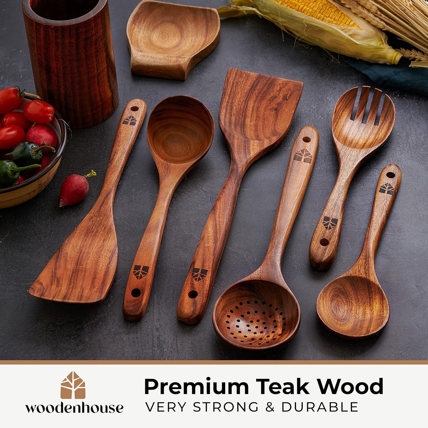 8 Pcs Teak Wooden Utensil Set with Holder, Spoon Rest & 6 Hooks - Durable Wooden Spoons for Cooking with Comfort Grip - Effortless Clean, Non-Stick Friendly