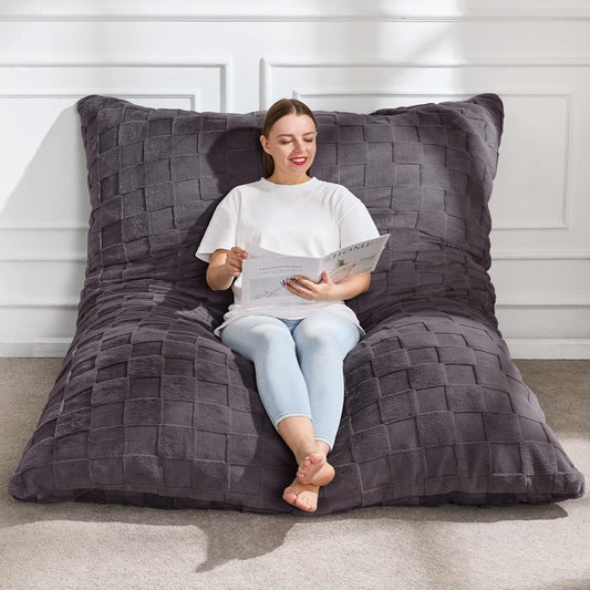 Hobestluk 3 in 1 Bean Bag Chair Giant Bean Bag Chairs for Adults with Plaid Cover Convertible Bean Bag Floor Cushion with Machine Washable Cover for Living Room (Plaid Dark Grey)