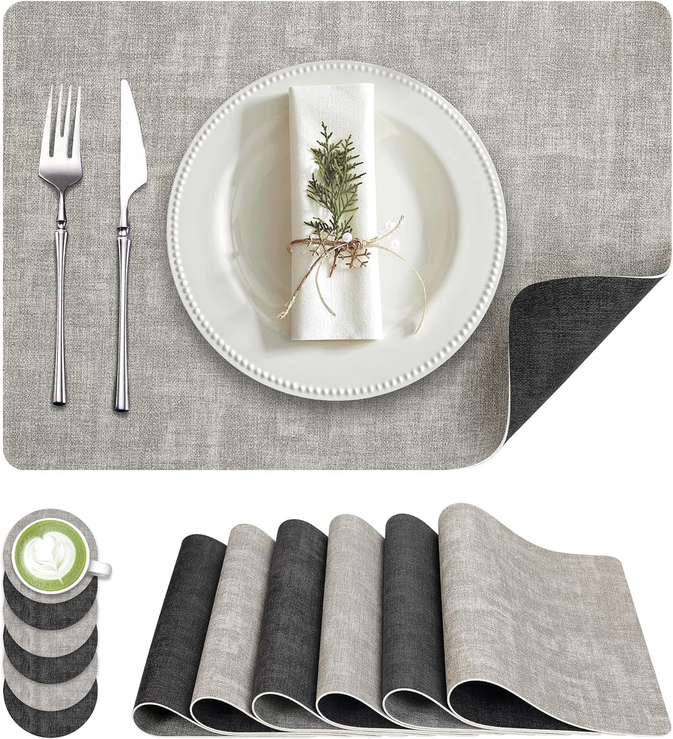 Faux Leather Dual Sided Placemats Set of 6, Square Non-Slip Heat Resistant Placemats with Coaster, Reversible wipeable Waterproof Table Mats for Kitchen, Dining, Outdoor (6, Black Light Gray)