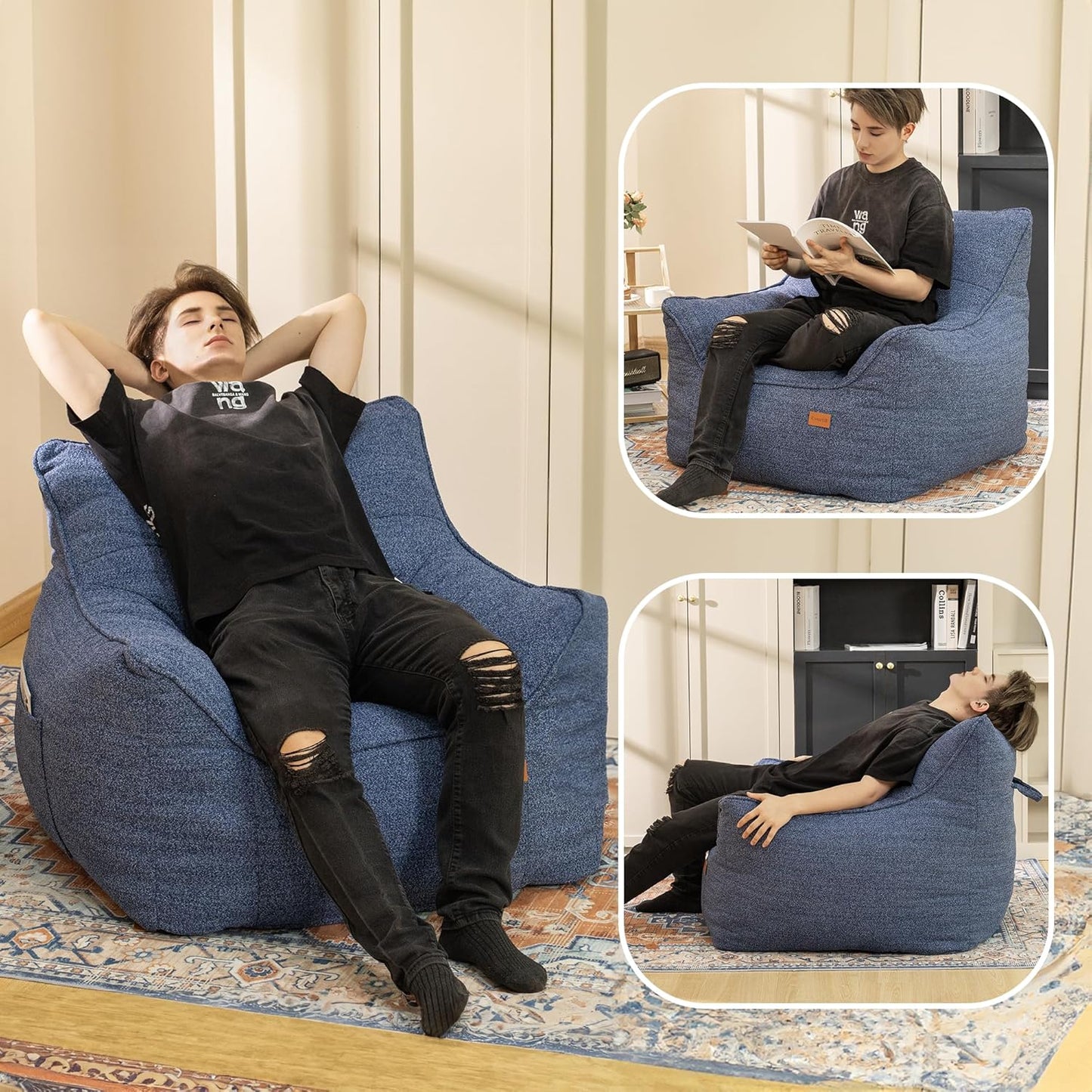 Bean Bag Chair for Adults, Comfy Tufted Bean Bag Chair Sofa with Armrests, Lazy Beanbag Chair with Foam Filler Stuffed Bean Bag Couch Sofa for Reading in Bedroom, Living Room and Dorms