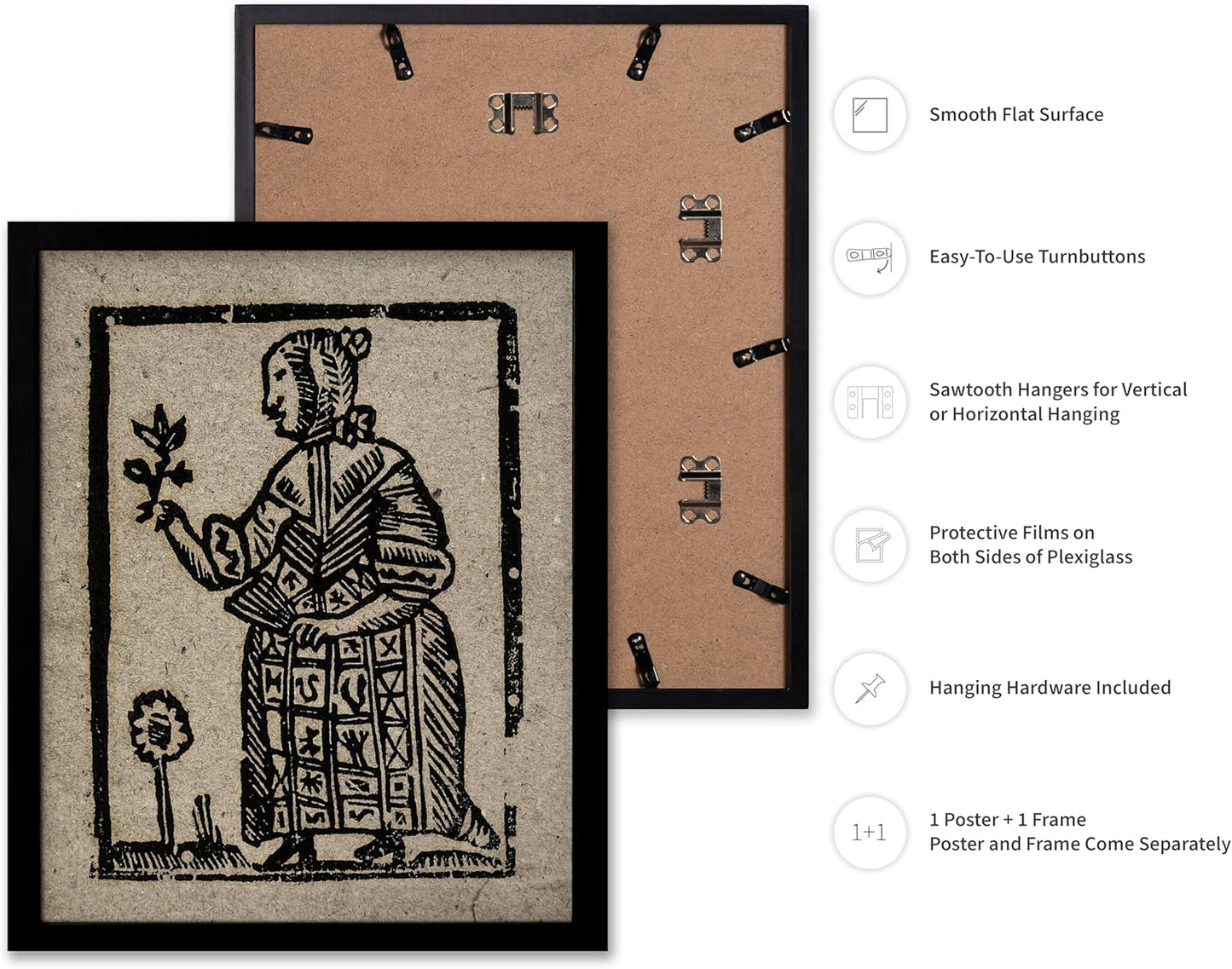 Poster Master Vintage Woodcut Poster - Retro Medieval Print - Gift for Gothic, Horror Fan - Witch Holding a Plant, Magic, Spell, Herbalist - Wall Decor for Bedroom, Dorm, 11x14 Black Framed