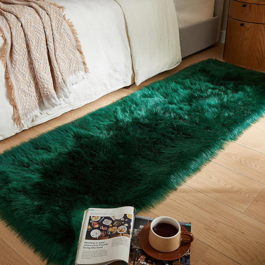 AMTOVO Faux Fur Rug, Dark Green Ultra Soft Fluffy Shag Sheepskin Rug, 2 x 6 ft Runner Area Rugs for Bedroom Sofa Throw Cushion Room Decor, Rectangle