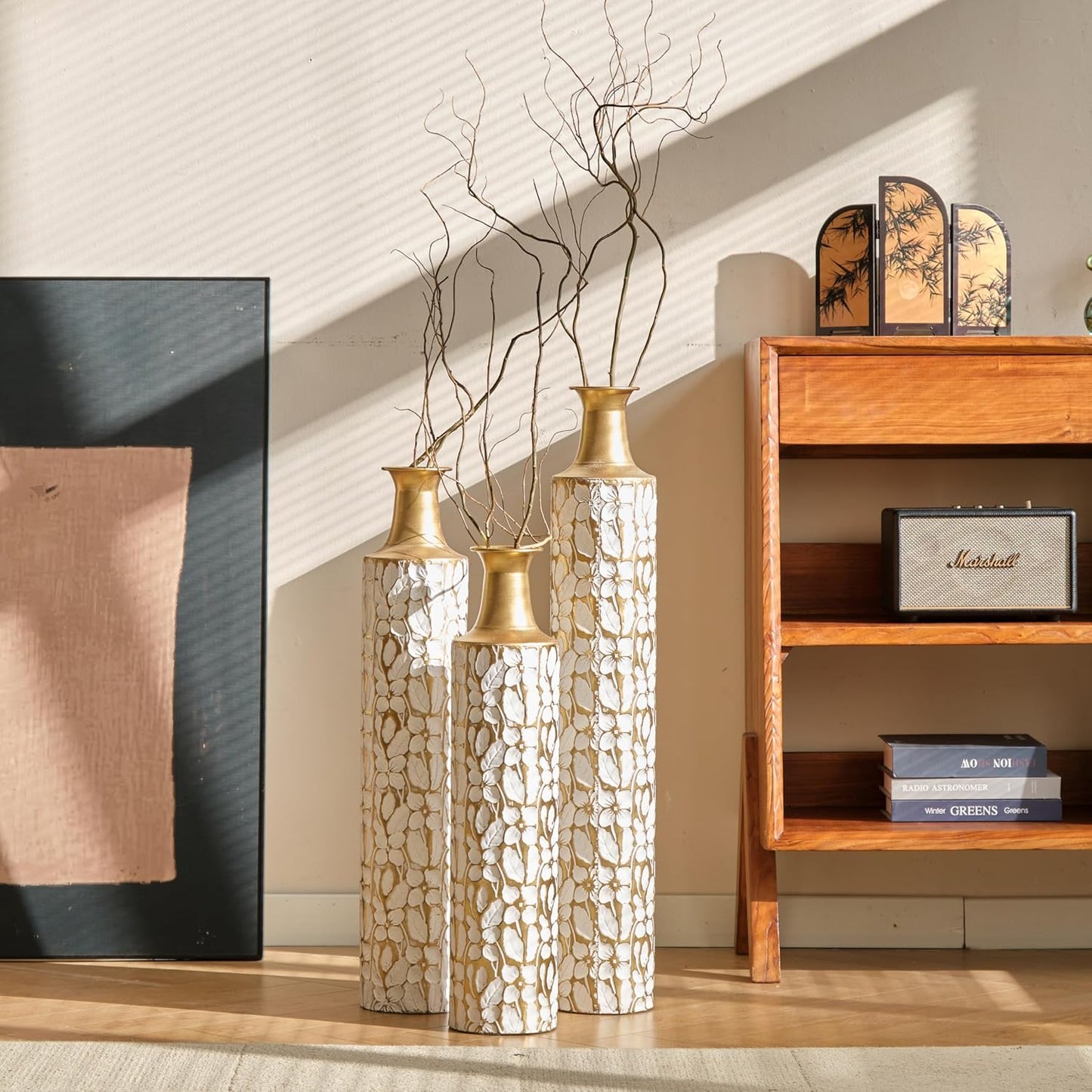 Medhansh Metal Floor Vase, Tall Floor Vase with Gold Twig Pattern, Antique White Finish (Set of 3)
