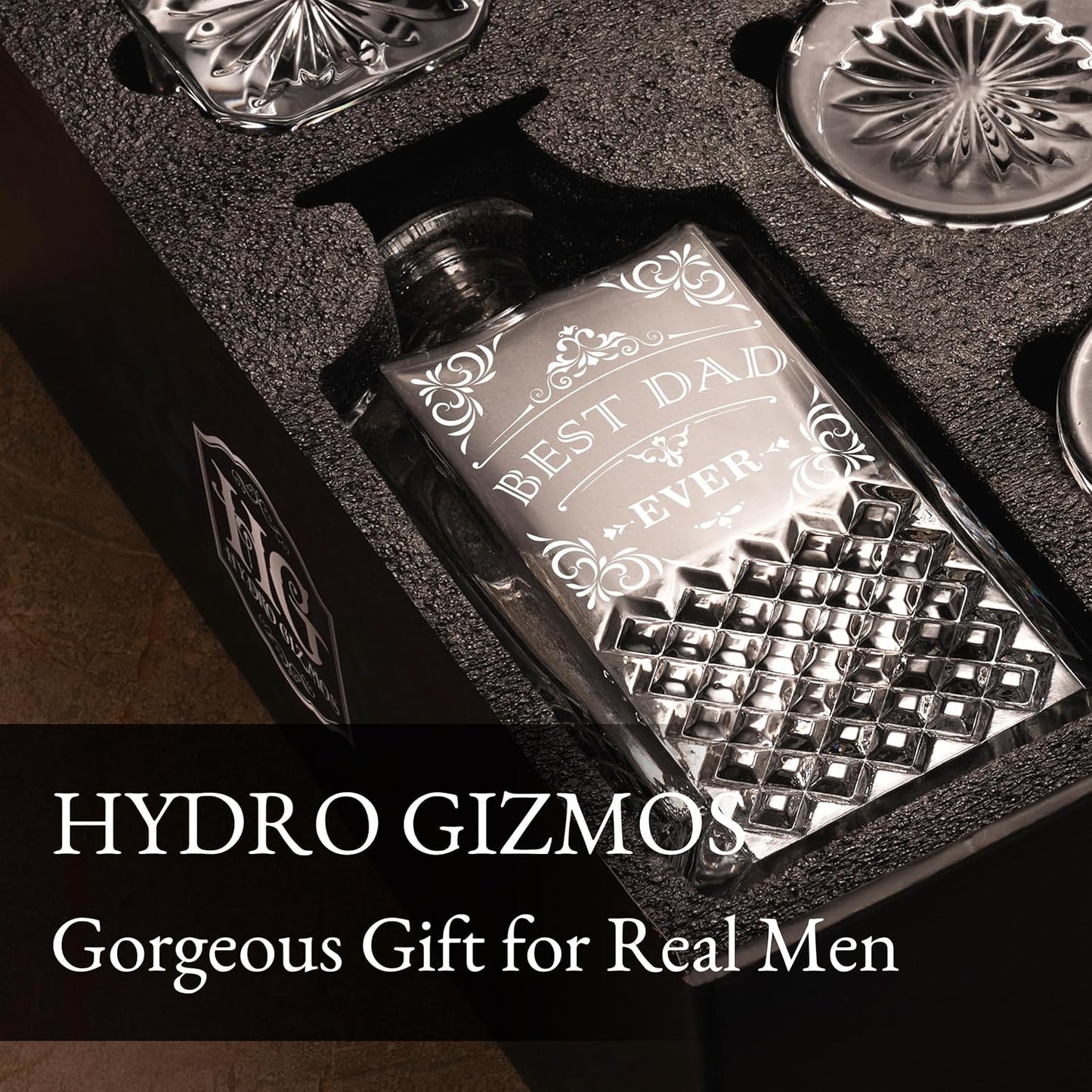 Luxury Gift For Men - Best Dad Ever - Unique Engraved Whiskey Decanter Set For Beloved Dad Christmas or Birthday Gift – 4 Whiskey Glasses And Decanter Set Is a Great Gift Idea for Whisky, Bourbon