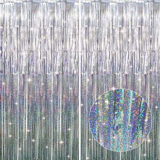 GOER 6.4 ft x 8.2 ft Metallic Tinsel Foil Fringe Curtains,Pack of 2 Party Streamer Backdrop for Birthday,Graduation Decorations and New Year Eve (Shiny Silver)