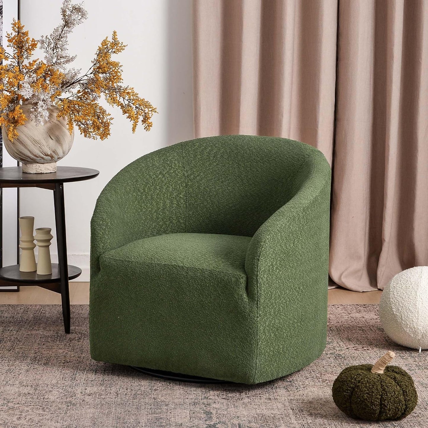 KINWELL 32" Wide Modern Boucle Swivel Barrel Chair, No Assembly Round Upholstered Swivel Accent Armchair for Living Room, Bedroom, Office (Green)