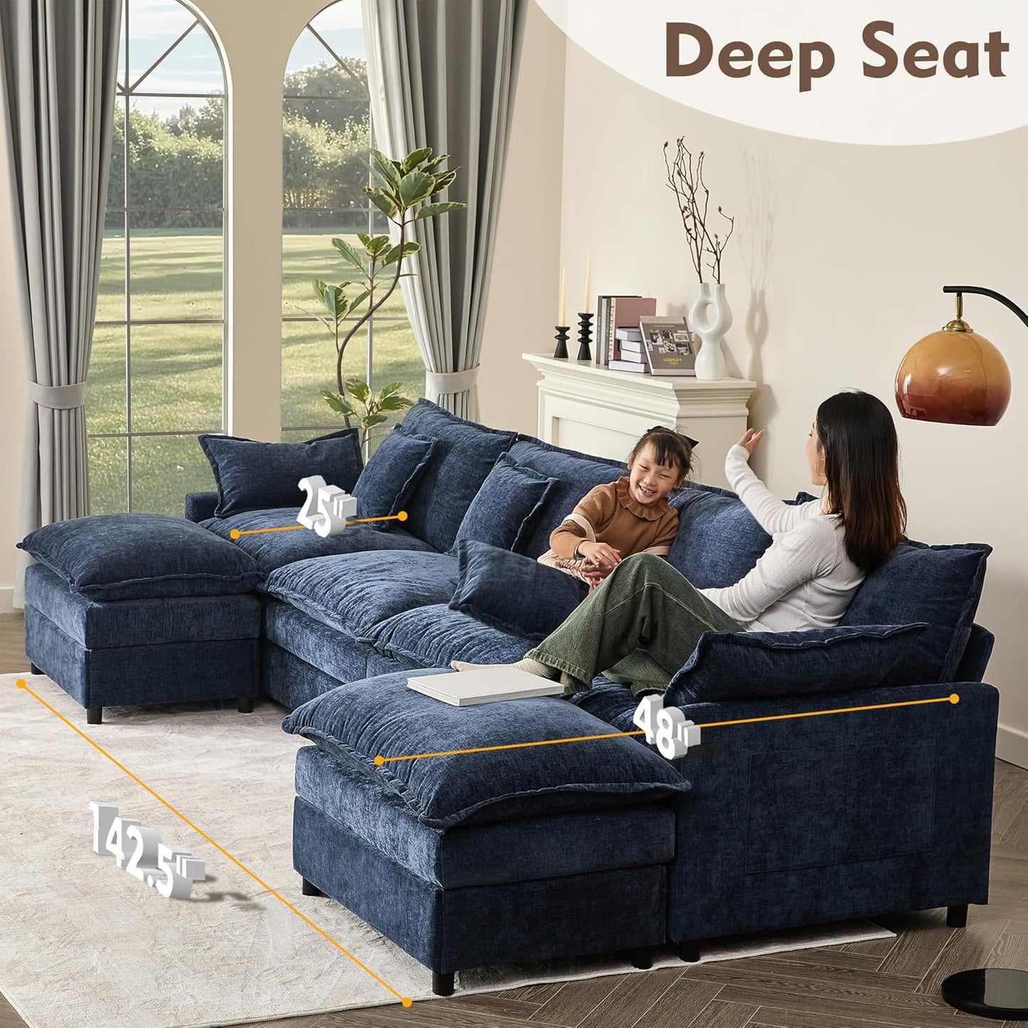142.5" U Shaped Couch, Modular Sectional Sofa, 3-Seater Comfy Cloud Couch with Movable Ottoman, Deep Seat Couches for Living Room, Chenille, Navy