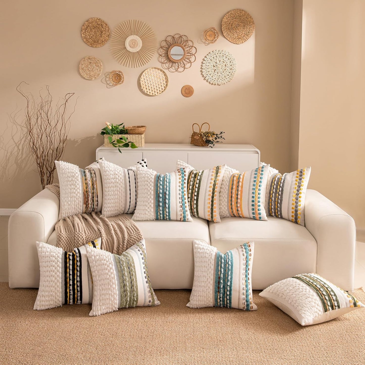 Boho Chenille Tufted Couch Throw Pillow Covers 18x18 Inch Set of 2 Farmhouse Striped Decorative Pillow Covers Accent Neutral Pillowcase Brown Cushion Cover for Living Room Sofa Bed