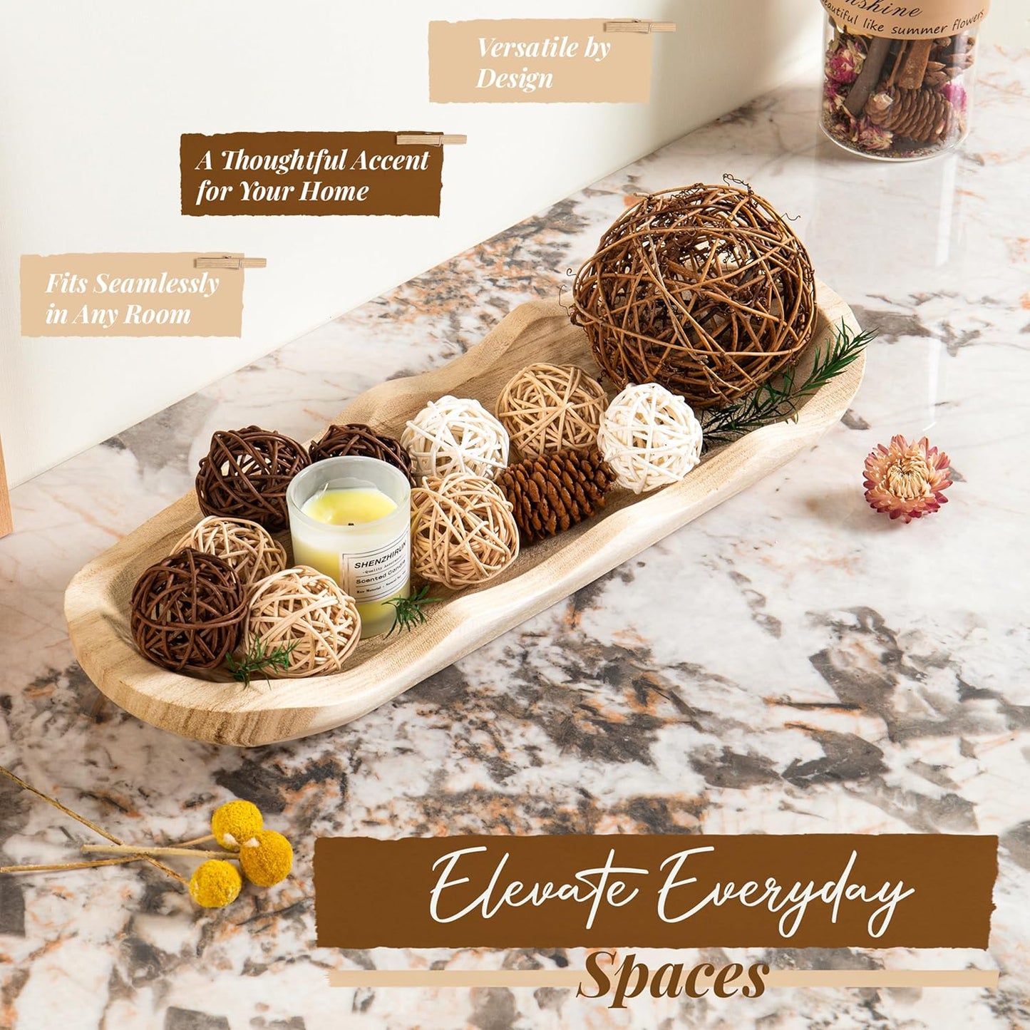 Wavy Edge Wooden Dough Bowl for Decor 16"L Lightweight Paulownia Wood Hand Carved Decorative Wooden Farmhouse Fruit Bowl Handmade, Home Decoration Centerpiece, Table Display Bowl