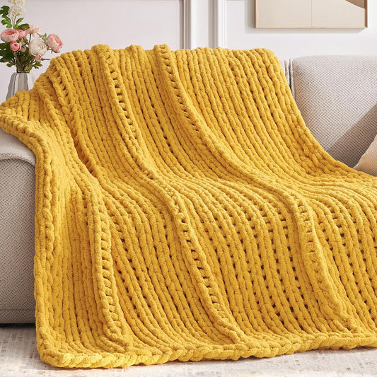 Chunky Knit Throw Blanket, 30''*40'' Knitted Throw Chenille Yarn for Bed Couch, Handmade Yellow Crochet Big Thick Blanket, Machine Washable Cute Comfy Blanket for Home Decor