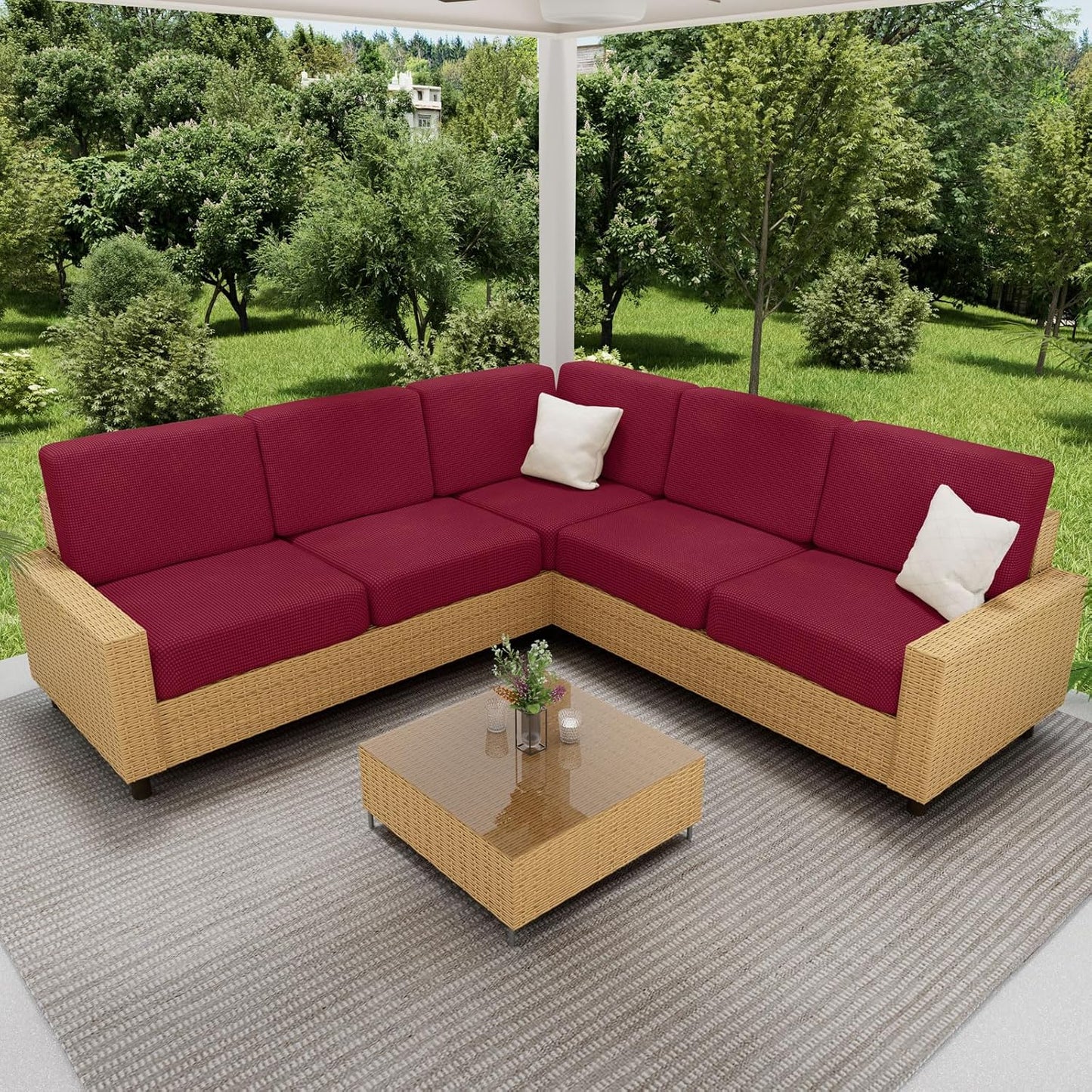 hyha Waterproof Sectional Couch Covers, Non Slip Sofa Couch Cushion Covers L Shape, Thick Stretch Jacquard Fabric, Washable Sofa Slipcovers with Elastic Bottom (1 Piece for Chaise XL, Wine Red)