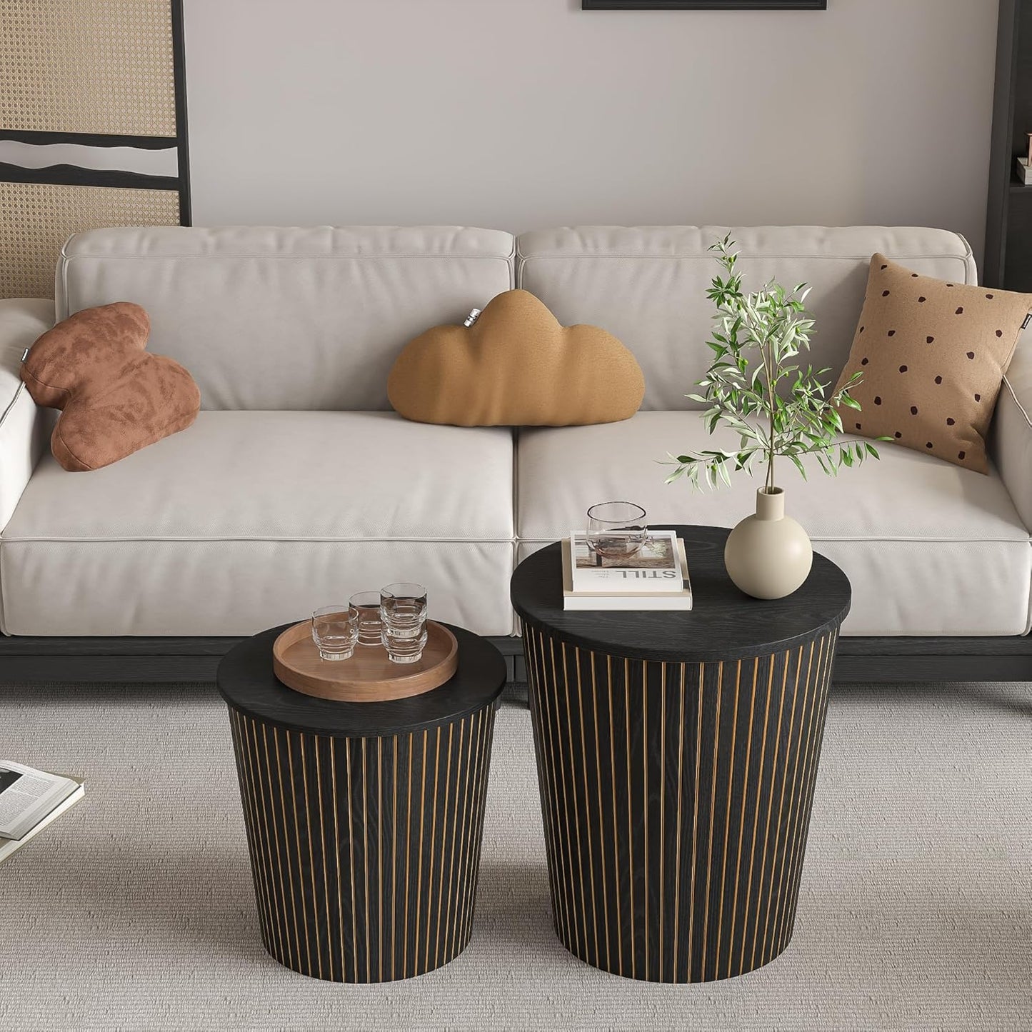 Nesting Coffee Table Set of 2, Round End Table with Storage, Farmhouse Side Table with Removable Wood Tops and Wood Basket Bases for Blanket Storage, Modern Coffee Table for Living Room (Black)