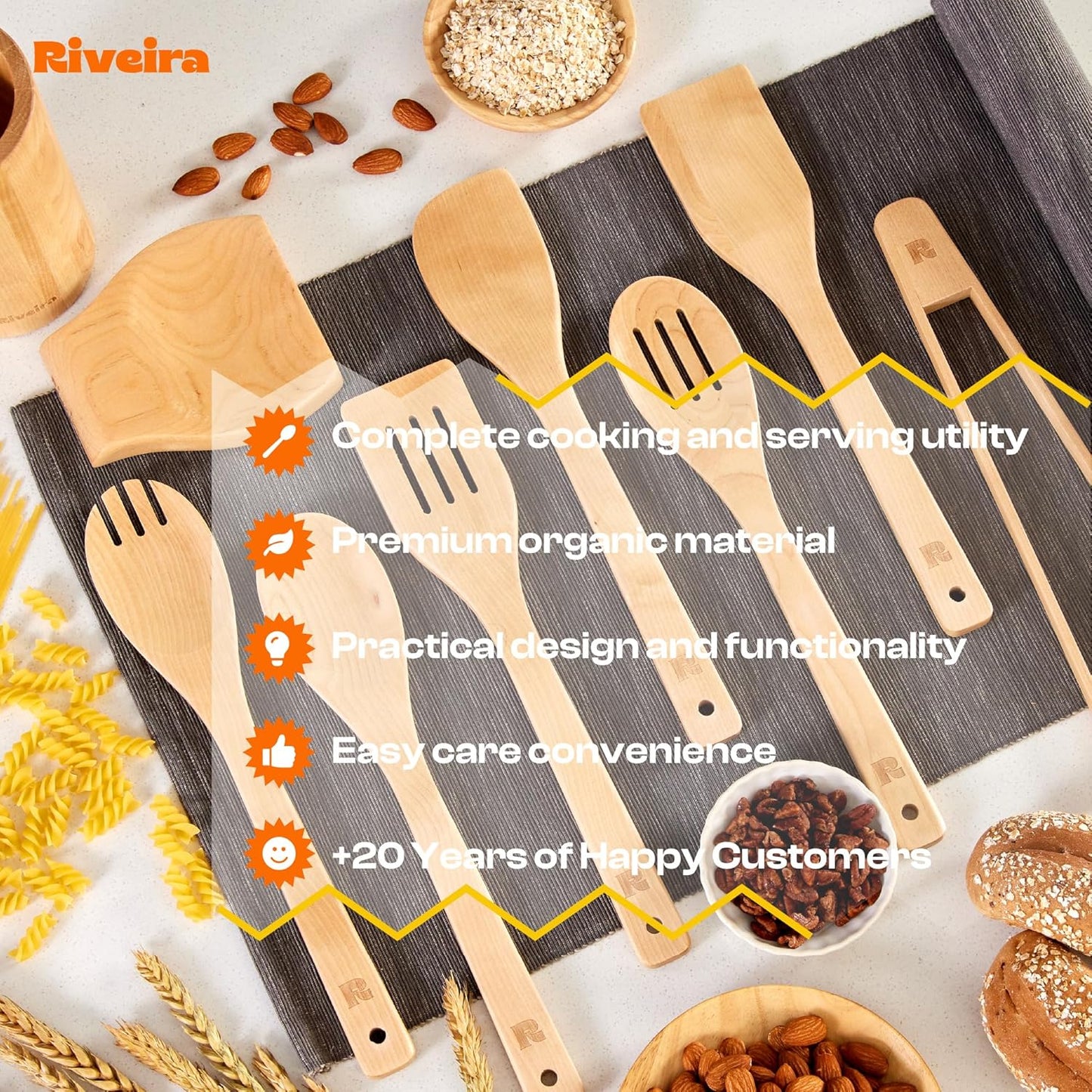 Riveira Maple Wooden Spoons for Cooking Set of 9 – Natural Maple Wooden Cooking Utensils, Wooden Spatula, Wooden Spoon - Premium Quality Wooden Utensil Set for Non-Toxic Cooking