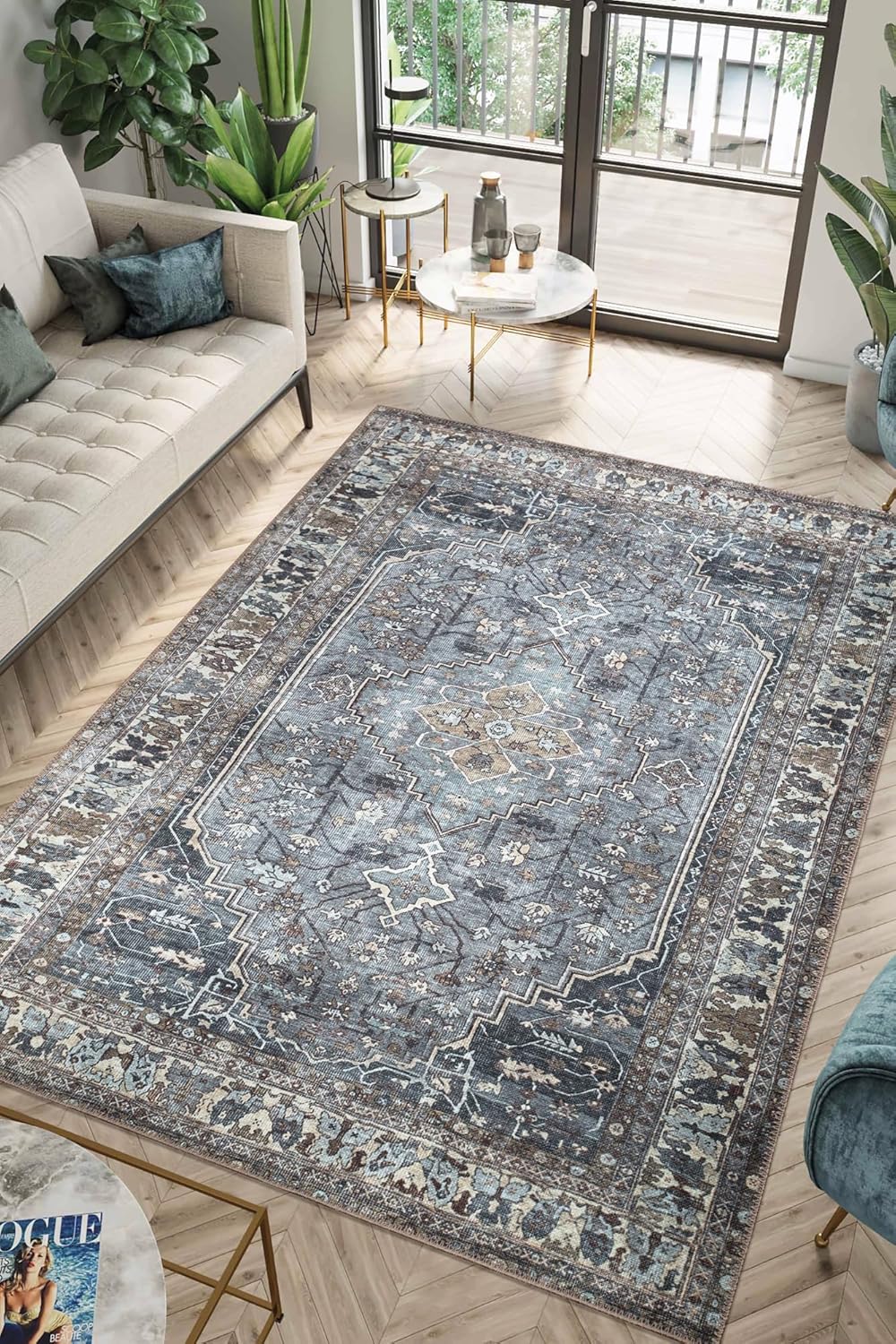 Keen Home Design 5x7 Rug - Machine Washable Area Rug with Non-Slip Backing, Ideal for Living Room, Dining Room, Bedroom - Vintage, Easy Clean, Durable, Low Pile Rug - (5' x 7')