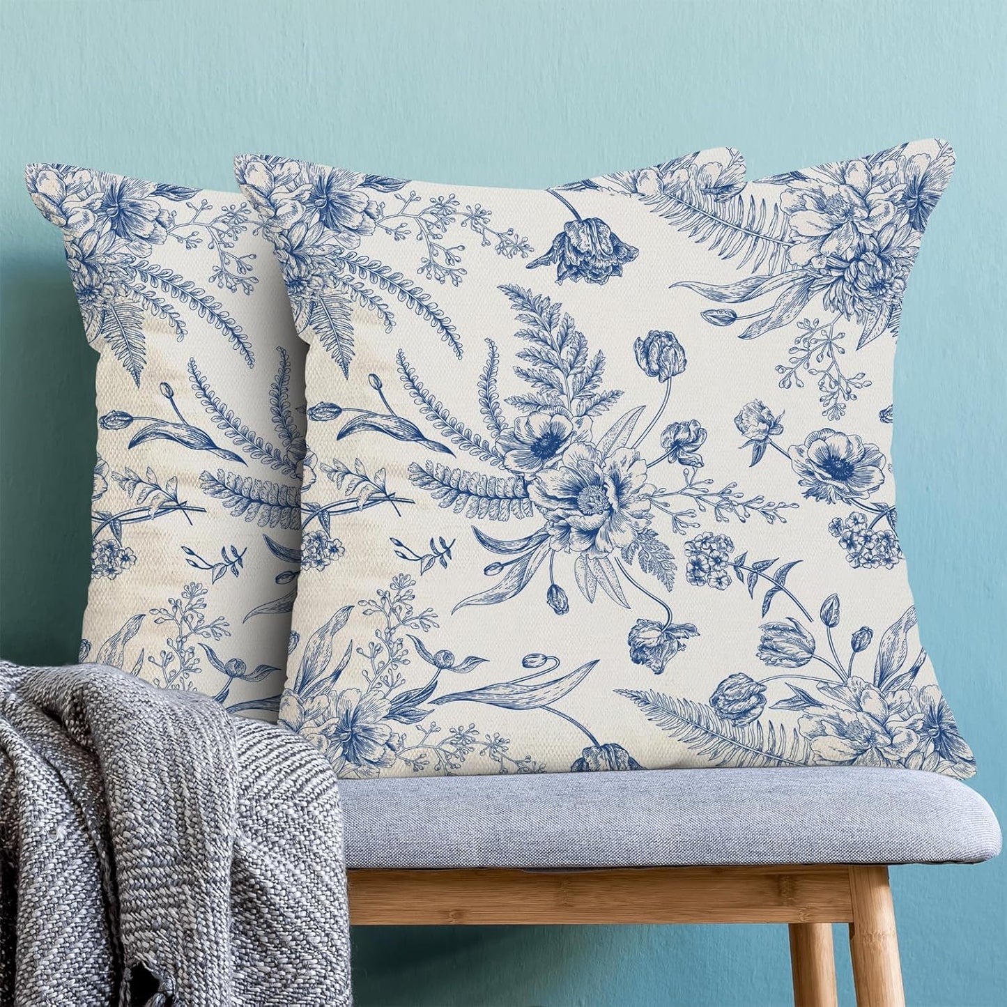 CXMEIFLY Spring Floral Leaves Pillow Covers 20 x 20 Inch Set of 2 for Chinoiserie Flowers Decor Throw Pillows Blue and White Seasonal Plant Outdoor Decorative Cushion Cases for Couch Bed Decorations