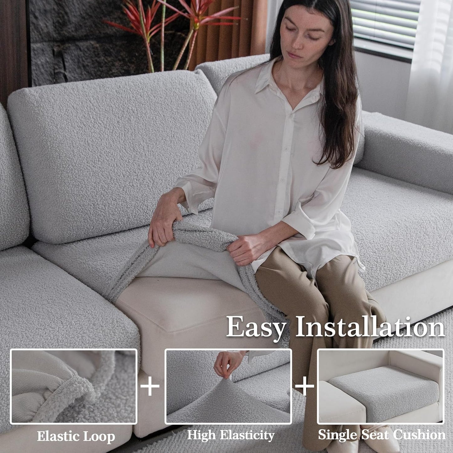 Couch Cushion Covers for Sectional Sofa, Stretch Soft Sofa Slipcovers Washable Wear-Resistant Universal Furniture Protector for Living Room(1 Piece Oversized Cover, Light Gray)