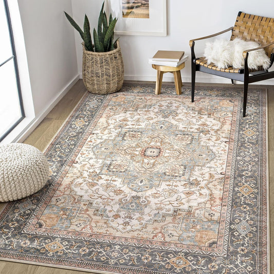 Washable Area Rugs for Living Room - 5x7 Neutral Vintage Distressed Floral Farmhouse Boho Large Soft Floor Rug Indoor Non Slip Carpet for Bedroom Dining Room Office - Forest Green Orange