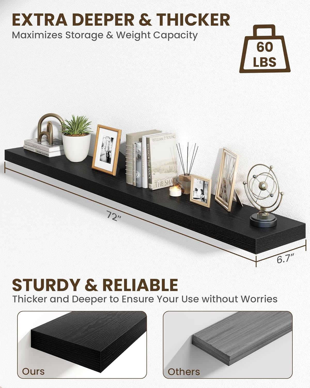 Marsmiles 72" Floating Shelves for Wall, Wooden Shelves with Invisible Brackets Set of 2, Rustic Farmhouse Wall Mounted Shelf for Kitchen Bathroom Living Room Study, Black