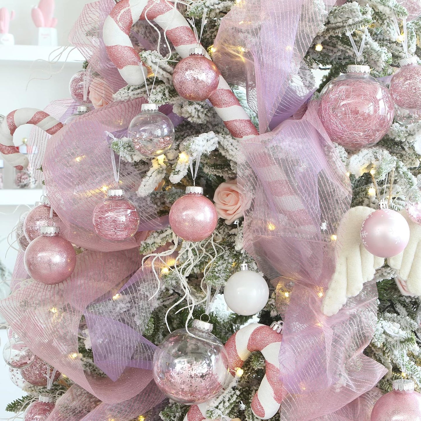 Sea Team Shatterproof Clear Plastic Christmas Ball Ornaments Decorative Xmas Balls Baubles Set with Stuffed Delicate Decorations (100mm/3.94 inch 16-Pack, Pink)