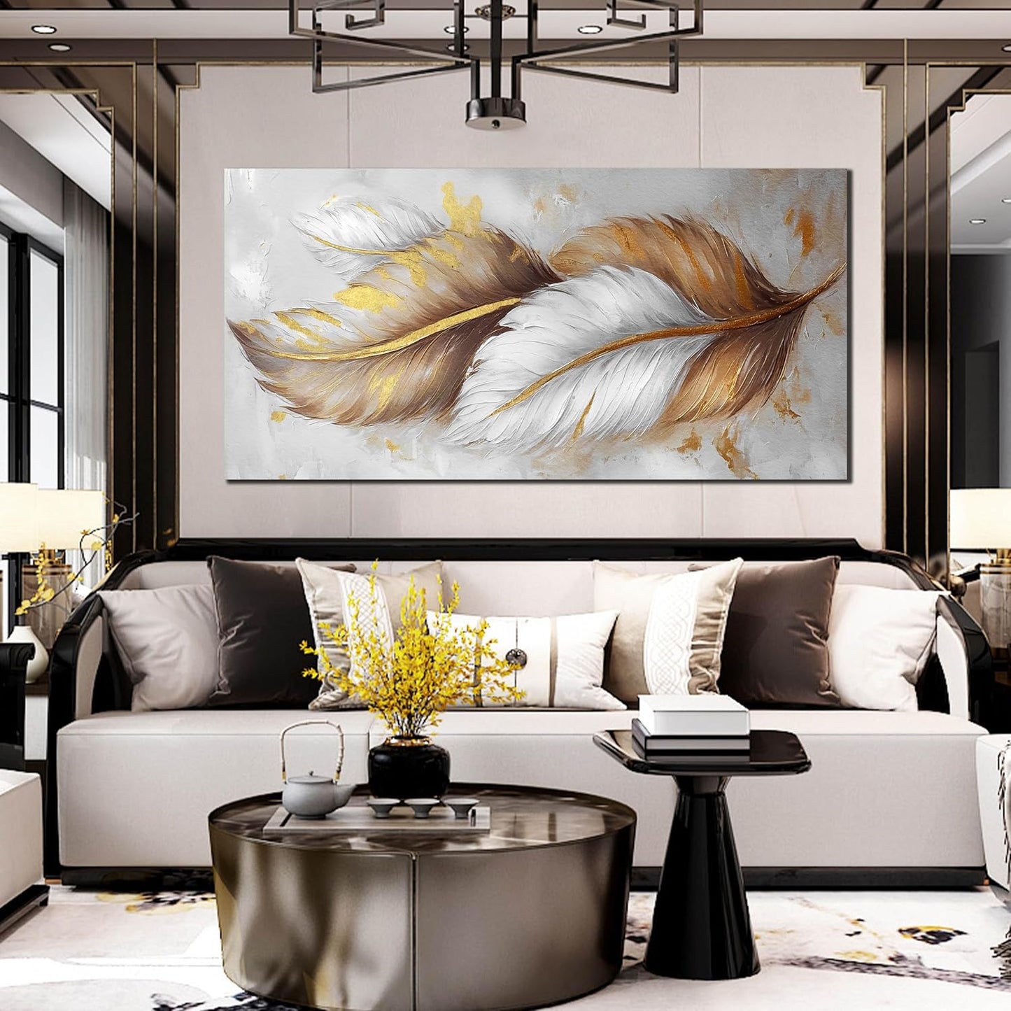 Leaf Canvas Wall Art for Living Room Large Size - White and Brown Gold Pictures Wall Art for Bedroom - Modern Wall Art Office Size 29" x 59"
