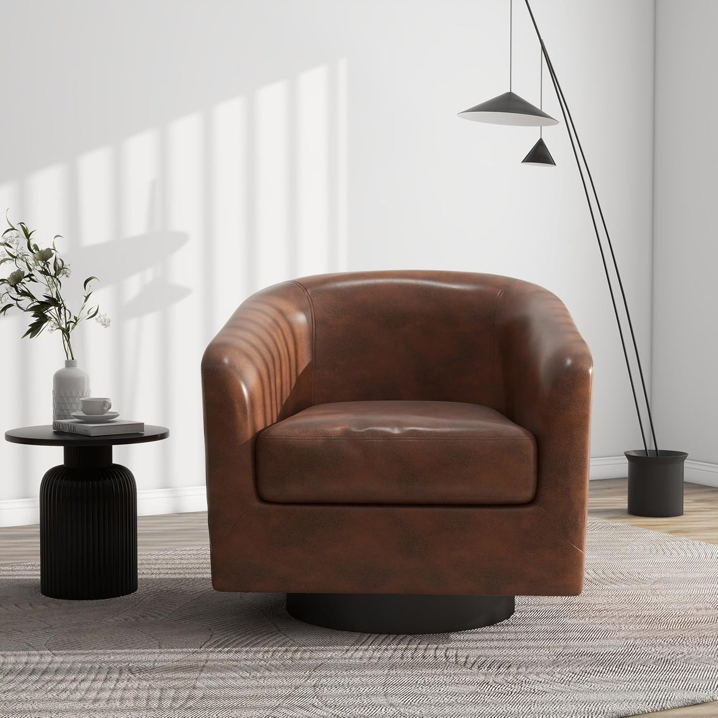 Swivel Barrel Accent Chair, Modern Round Faux Leather Arm Chair for Living Room, Bedroom, Comfy Club Reading Chairs for Adults(Faux Leather, Coffee, Set of 1)