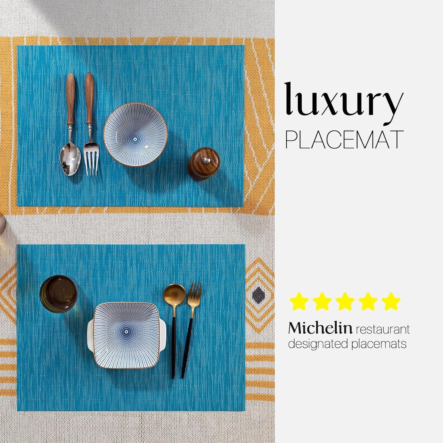 LEXMORE Placemats Set of 6 Vinyl/Plastic Woven Place Mats for Kitchen Table Indoor/Outdoor Washable Placemat Wipeable Dining Table Mats(Teal Blue)