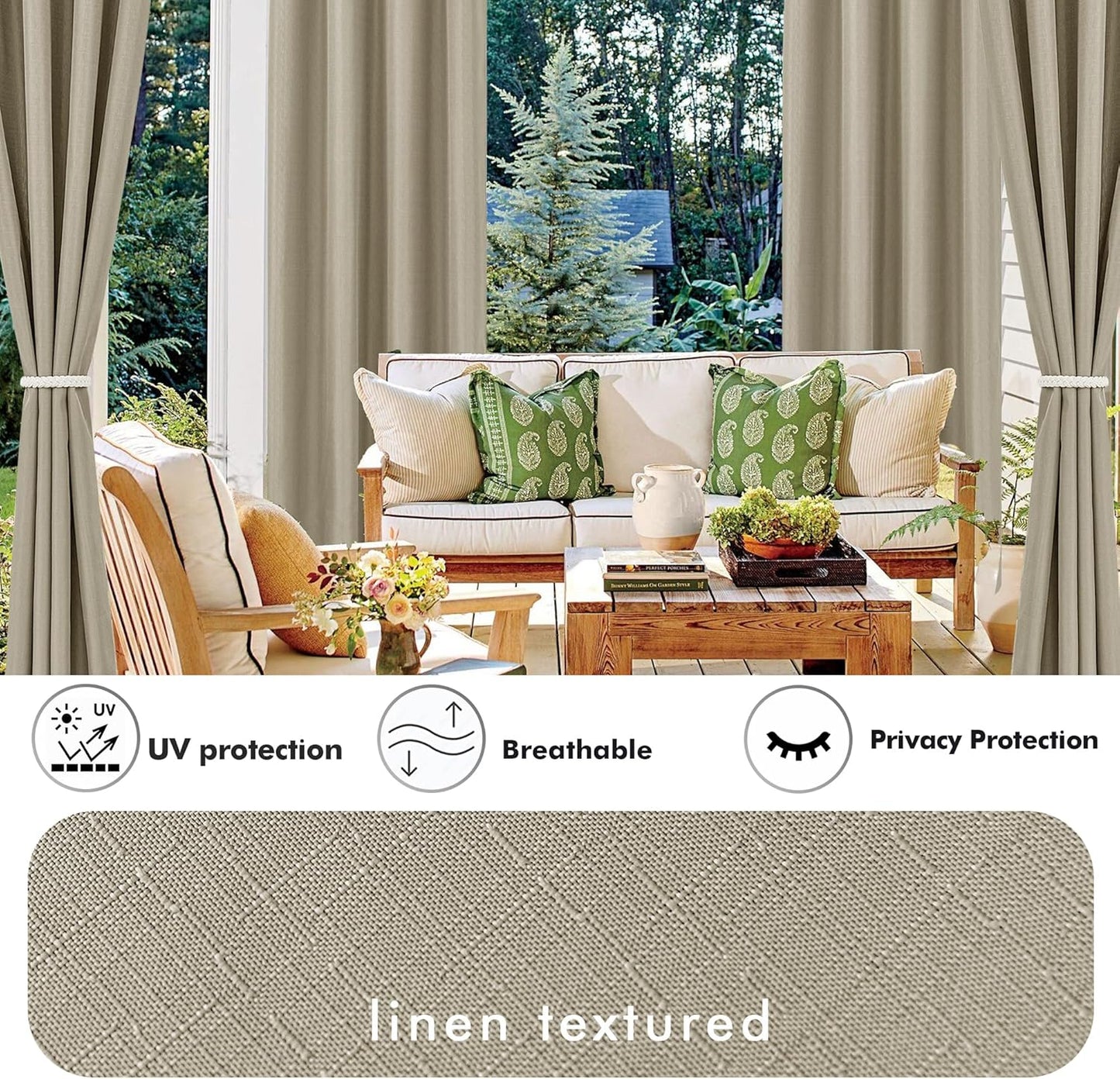 HolidayIdeas 4 Panels Linen Outdoor Curtains for Patio Waterproof Taupe Outside Curtains 108 inch Long-Gazebo Curtains Weighted Weatherproof, Privacy for Pergola, Porch, Living Room, Bedroom 54"x108"
