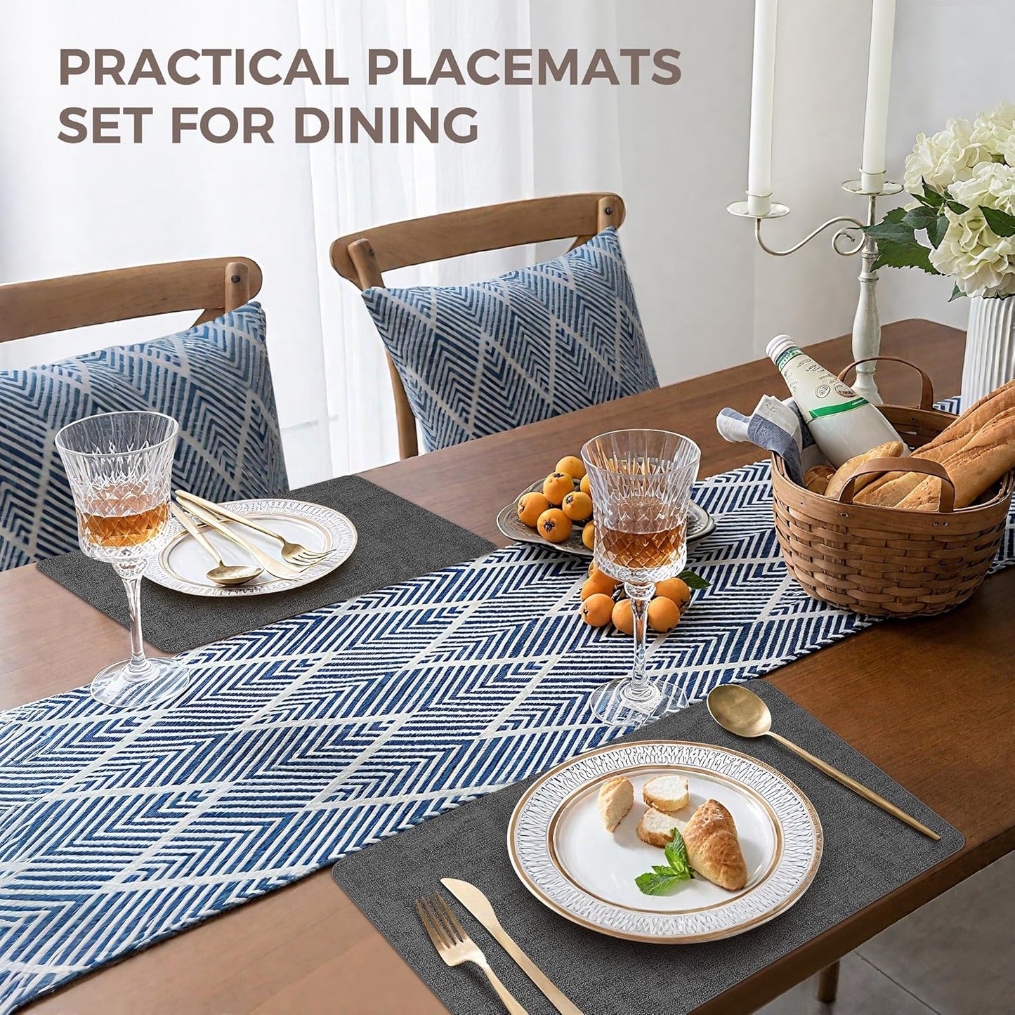 Vinyl Placemats Set of 4, Faux Leather Waterproof and Heat Resistant Place Mats, Washable Anti-Slip Table Mats with Coaster, Wipeable Placemats for Indoor & Outdoor 17" x 12" (Black, Set of 4)