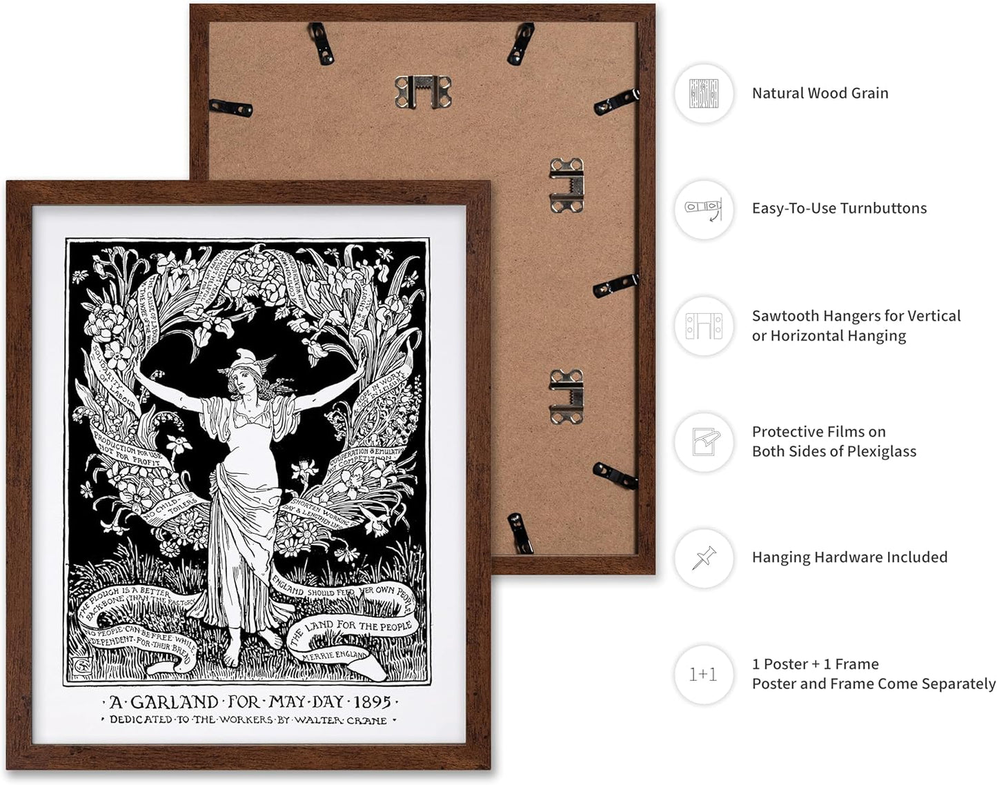 Poster Master Vintage Walter Crane Poster - Retro A Garland for May Day Print - Socialist Art - Gift for Him, Her, Men, Women - Wall Decor for Home, Office, Living Room, 11x14 Brown Framed