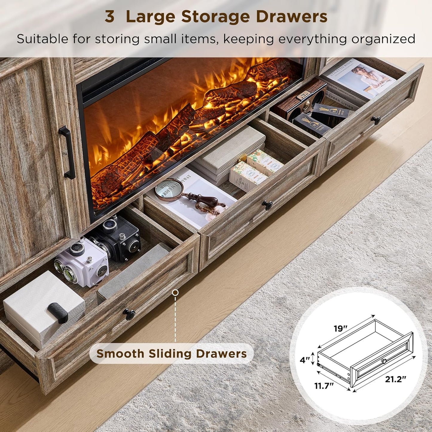 Fireplace TV Stand for 80 Inch TV, 35.7" Tall Farmhouse Entertainment Center W/36'' Electric Fireplace, Media Console with Large Storage Cabinets and Drawers for Living Room, Purple Oak