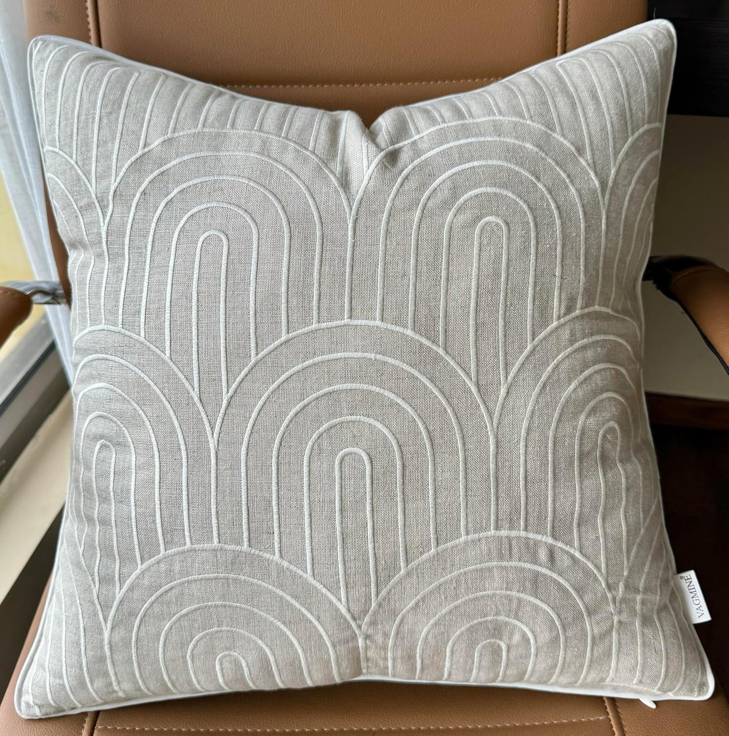 VAGMINE Embroidered Geometric Throw Pillow Cover - 18x18 Inches Square - 100% Linen Natural Decorative Cushion Cover - Elegant Embroidery - Minimalist Accent for Sofa, Bed, Couch, Farmhouse Décor