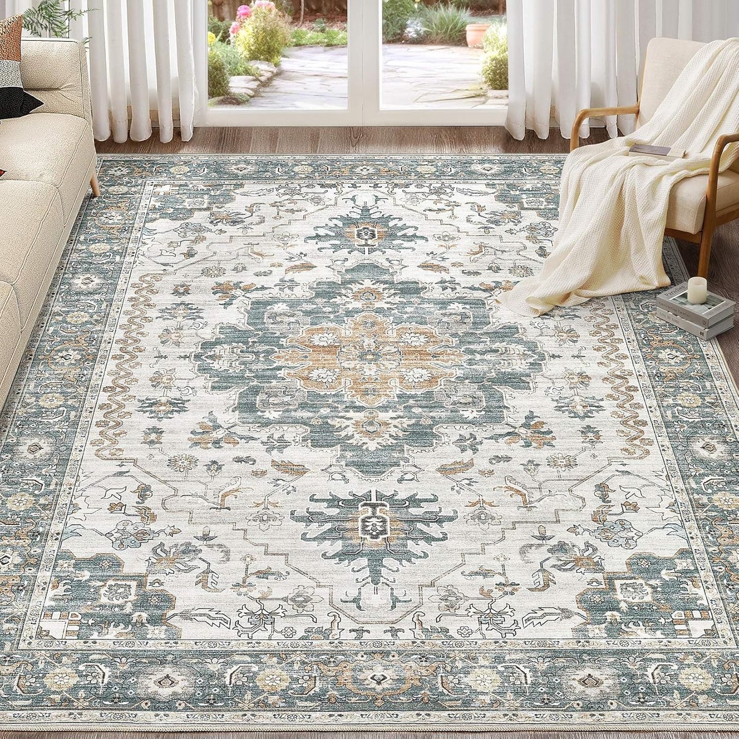 Washable Area Rugs for Living Room - 7x9 Neutral Vintage Distressed Floral Farmhouse Boho Large Soft Floor Rug Indoor Non Slip Carpet for Living Room Bedroom Dining Room Office - Green/Grey