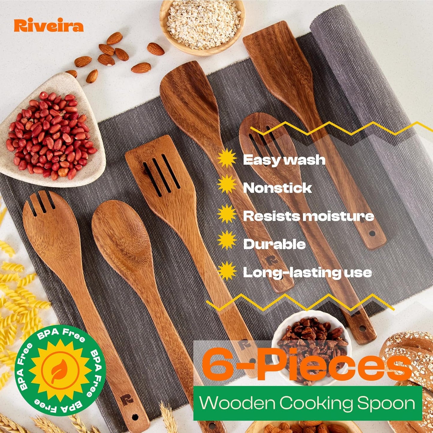 Riveira Walnut Wooden Spoons for Cooking Set of 6 – Natural Walnut Wooden Cooking Utensils, Spatula, Spoon - Premium Quality Utensil Set for Non-Toxic Cooking