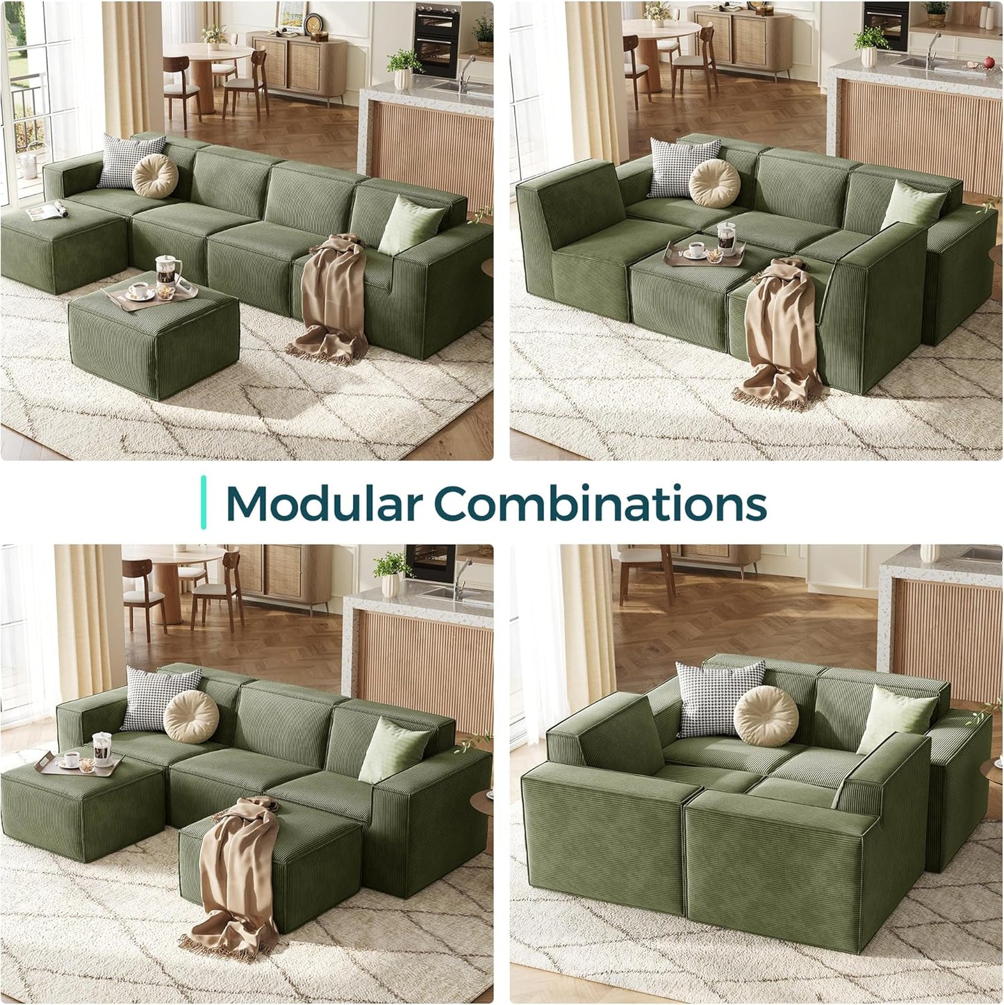 LINSY HOME Modular Sectional Sofa, 105" Boneless Couch L Shaped 3-Seat Sofa with Ottoman, Corduroy Sectional Cloud Couches for Living Room, No Assembly Required, Green
