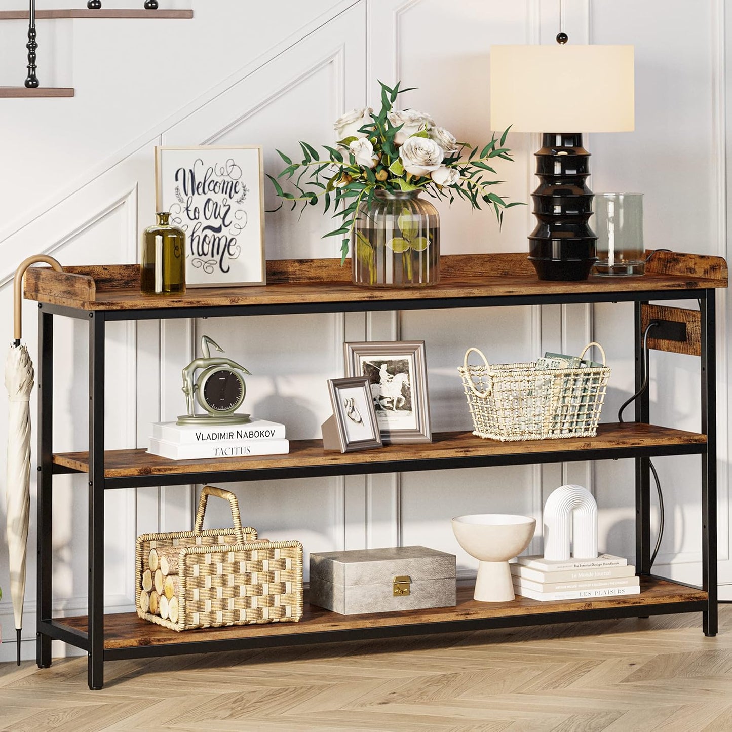 IRONCK Console Table, Sofa Table with Power Outlet, Farmhouse Hallway Table for Entryway, Living Room, Height Adjustable, Easy Assembly, Rustic Brown,55"