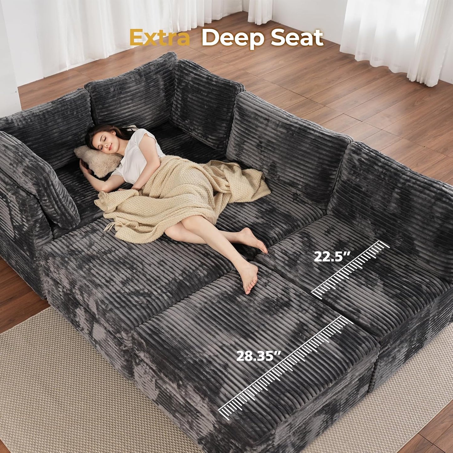 HOOOWOOO Modular Sectional Sofa,6 Pieces Sectional Couches for Living Room,98X98 L Shaped Cloud Couch with Ottoman Chaise Set(Grey Velvet Corduroy)